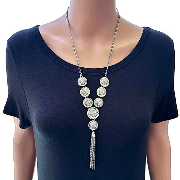 Artsy Sunflower Tassel Necklace Silver Tone Adjustable Length - Picture 2 of 4